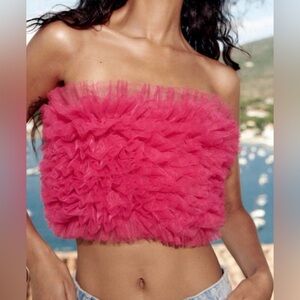 Zara Pink Tulle Knit Ruffled Strapless Top
